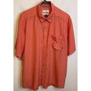 SIMMS Fishing Nylon Blend Orange Plaid Button Short Sleeve Shirt Men Size LARGE